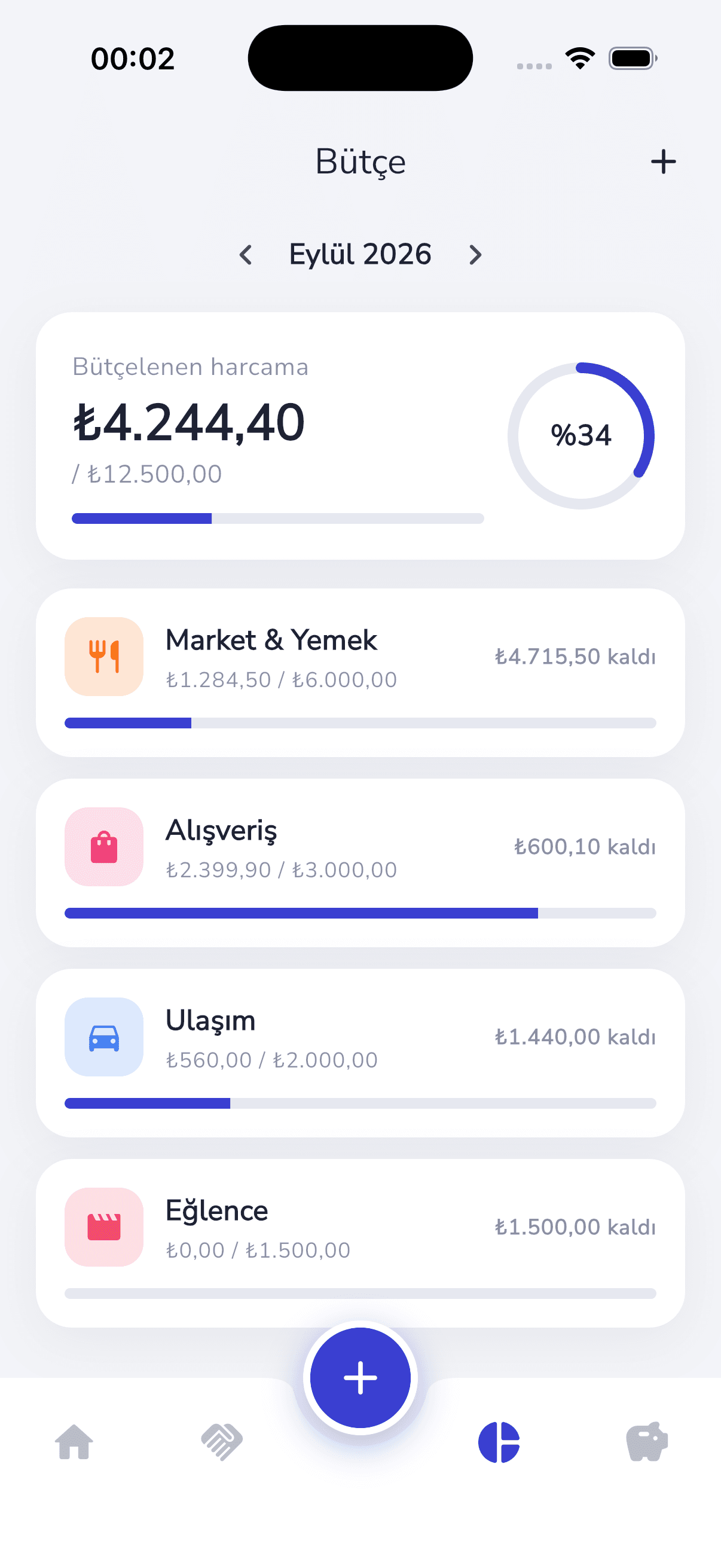 Monibox budget screen with category progress bars