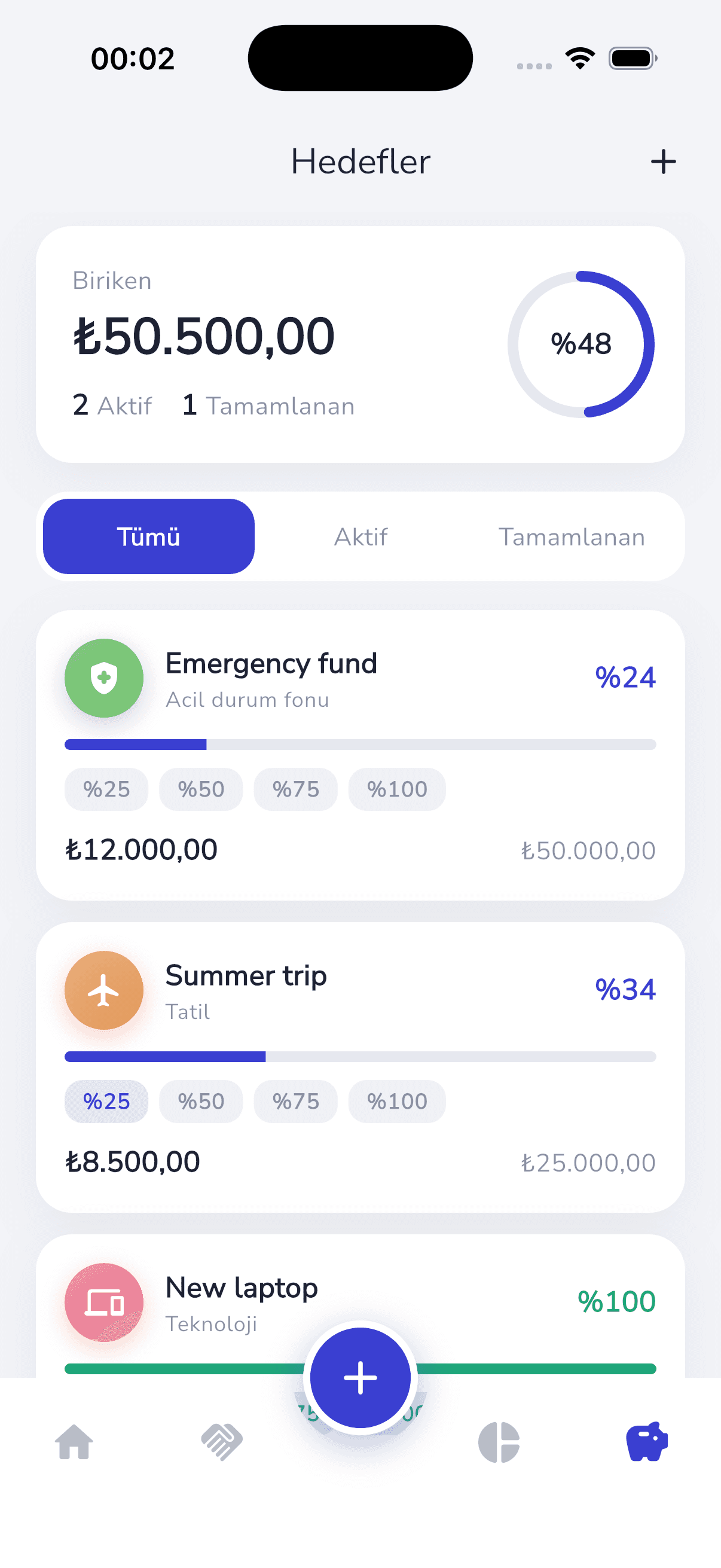 Monibox goals screen with savings goal progress