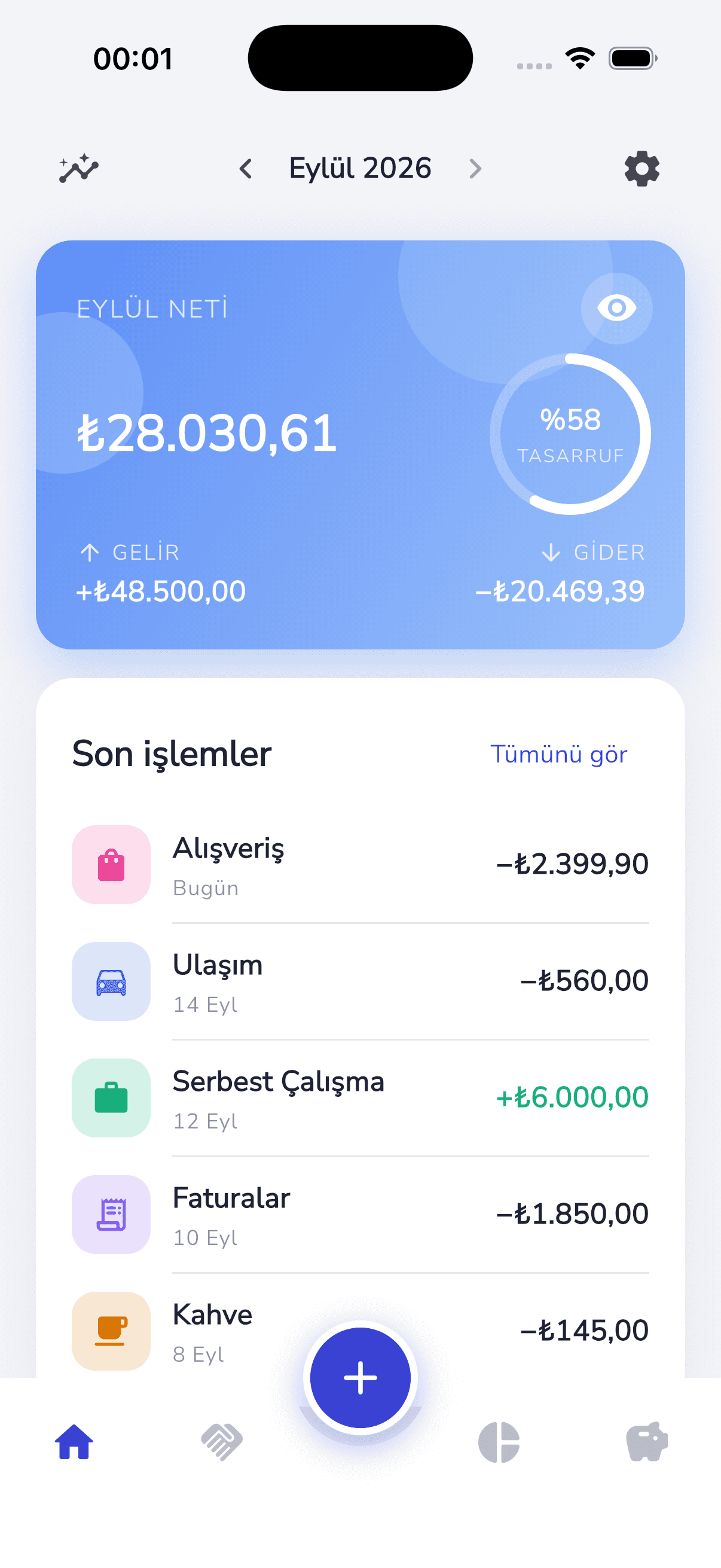 Monibox home screen with monthly net, income, expenses and recent transactions